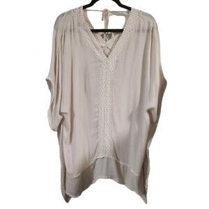 Weekend by Suzanne Betro Cream Tan Crochet Kimono Top Beach Swim Coverup Large